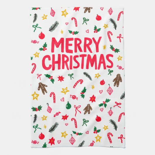 MERRY CHRISTMAS Schattige Doodle Whimsical CUSTOM Theedoek (Verticaal)