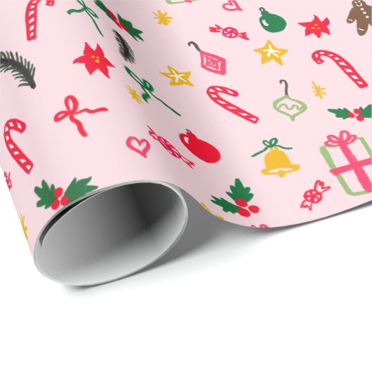 Merry Christmas Schattige Doodle Whimsical Pattern Cadeaupapier (Rol Hoek)