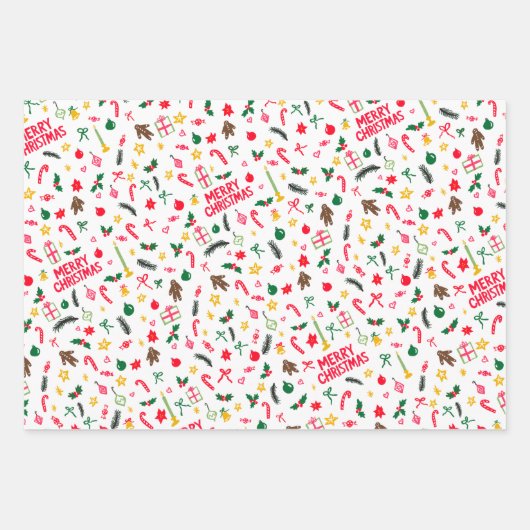 Merry Christmas Schattige Doodle Whimsical Pattern Inpakpapier Vel (Voorkant 3)