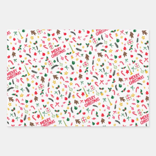 Merry Christmas Schattige Doodle Whimsical Pattern Inpakpapier Vel (Voorkant 2)