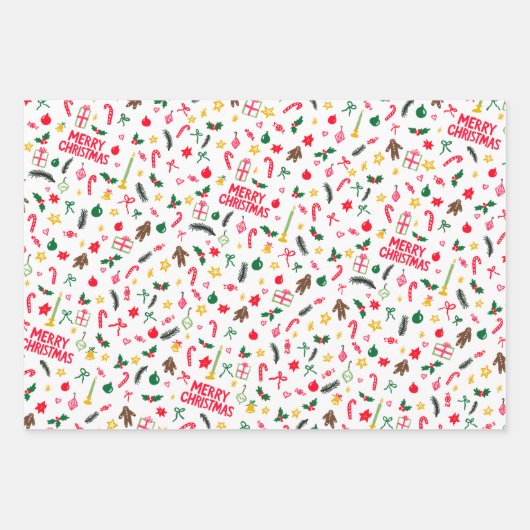 Merry Christmas Schattige Doodle Whimsical Pattern Inpakpapier Vel (Voorkant)