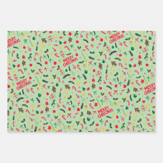 Merry Christmas Schattige Doodle Whimsical Pattern Inpakpapier Vel (Voorkant 3)