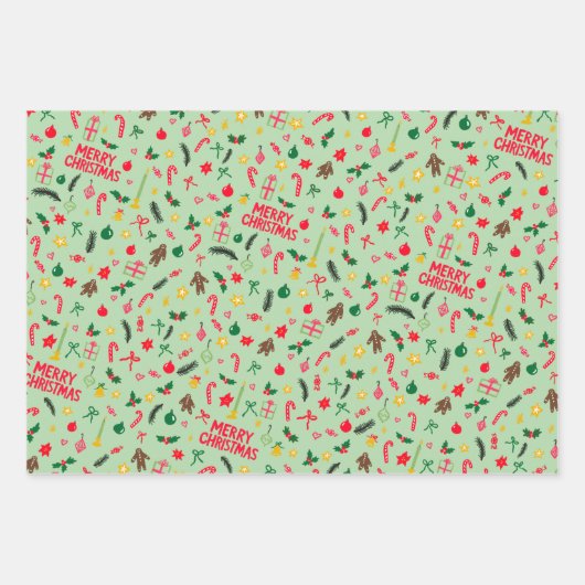 Merry Christmas Schattige Doodle Whimsical Pattern Inpakpapier Vel (Voorkant)