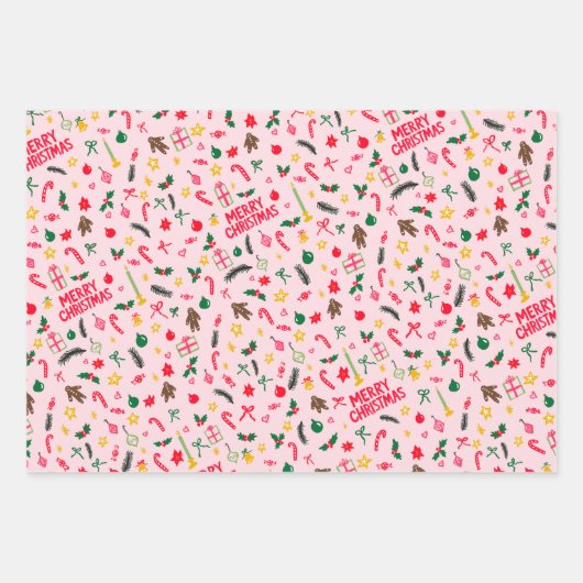 Merry Christmas Schattige Doodle Whimsical Pattern Inpakpapier Vel (Voorkant 3)