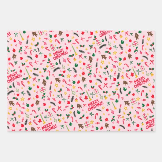 Merry Christmas Schattige Doodle Whimsical Pattern Inpakpapier Vel (Voorkant 2)