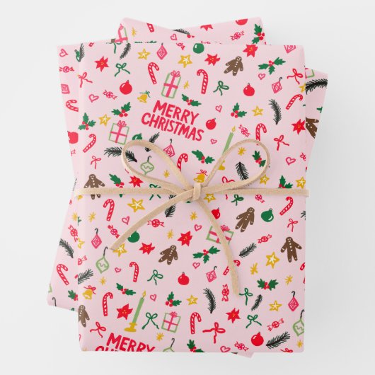 Merry Christmas Schattige Doodle Whimsical Pattern Inpakpapier Vel (In situ)