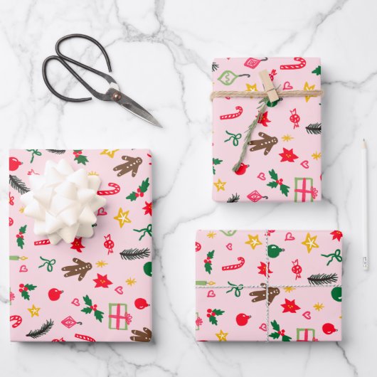 Merry Christmas Schattige Doodle Whimsical Pattern Inpakpapier Vel (Voorkant)