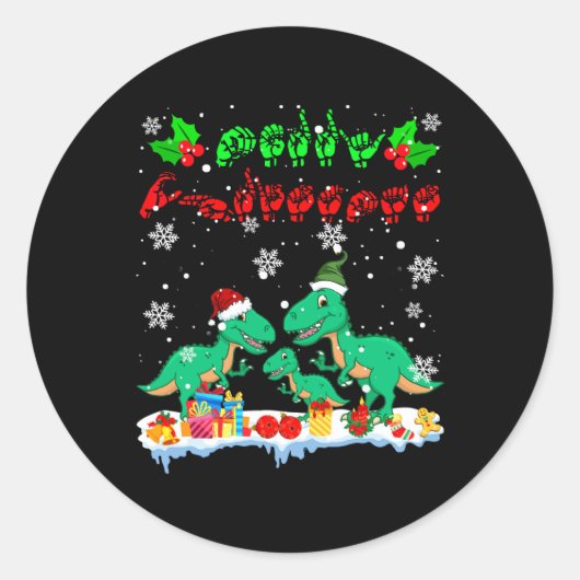 Merry Christmas Schattige Xmas T-rex ASL Gebarenta Ronde Sticker (Voorkant)