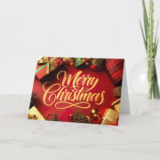 "Merry Christmas" Schrift mit Geschenken & Zapfen Bedankkaart (Voorkant)