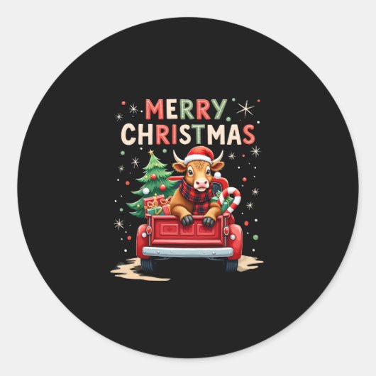 Merry Christmas Scottish Highland Cow Xmas Farm An Ronde Sticker (Voorkant)