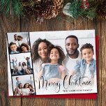 Merry Christmas Script 4 Foto Feestdagenkaart<br><div class="desc">Een moderne platte kaart met uw foto bedekt met een film-achtige strip van drie kleinere vierkante foto's,  "Merry Christmas" in een chique script en jouw naam in eenvoudige typografie.</div>