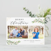 Merry Christmas Script Berries Foliage 2 foto's Feestdagenkaart (Staand voorkant)