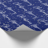 Merry Christmas Script Blauw Wit Goud Confetti Cadeaupapier (Hoek)