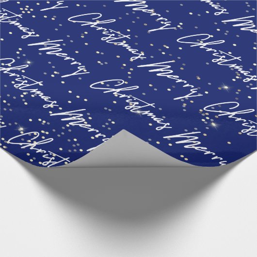 Merry Christmas Script Blauw Wit Goud Confetti Cadeaupapier (Hoek)