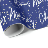 Merry Christmas Script Blauw Wit Goud Confetti Cadeaupapier (Rol Hoek)