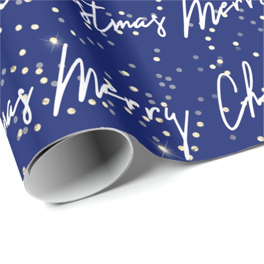 Merry Christmas Script Blauw Wit Goud Confetti Cadeaupapier (Rol Hoek)