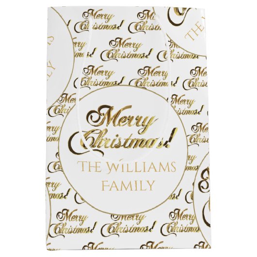 Merry Christmas Script Elegant White Gold Naam toe Medium Cadeauzakje (Voorkant)