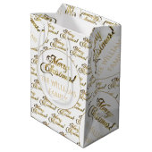 Merry Christmas Script Elegant White Gold Naam toe Medium Cadeauzakje (Achterkant Gekanteld)