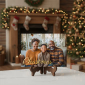 Merry Christmas Script Family Photo Folie Feestdagenkaart