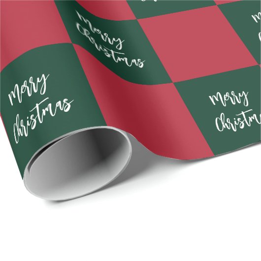 Merry Christmas Script Green and Red Checkerboard Cadeaupapier (Rol Hoek)