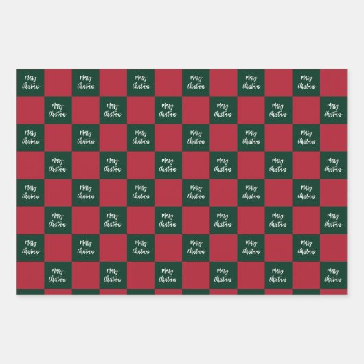 Merry Christmas Script Green and Red Checkerboard Inpakpapier Vel (Voorkant 3)