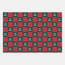 Merry Christmas Script Green and Red Checkerboard Inpakpapier Vel