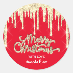 Merry Christmas Script Naam Drips Red Gold Ronde Sticker