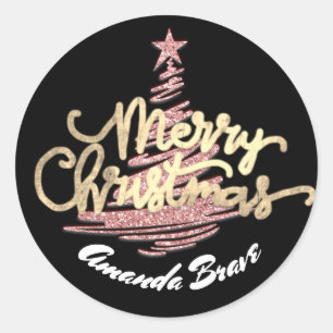 Merry Christmas Script Naam Goud Roos Wit Ronde Sticker