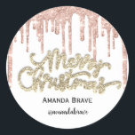 Merry Christmas Script Naam Roos 3D Drips Wit Ronde Sticker<br><div class="desc">florenceK-ontwerp</div>