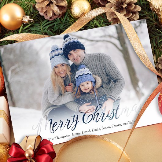 Merry Christmas Script Navy Blue Snowflake 1 Photo Feestdagenkaart