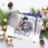 Merry Christmas Script Navy Blue Snowflake 1 Photo Feestdagenkaart