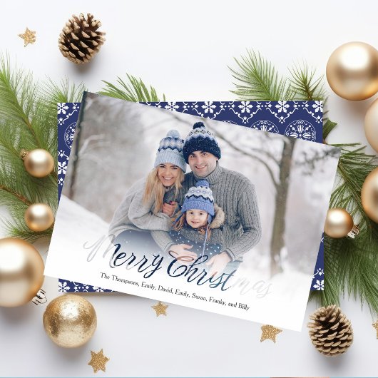 Merry Christmas Script Navy Blue Snowflake 1 Photo Feestdagenkaart