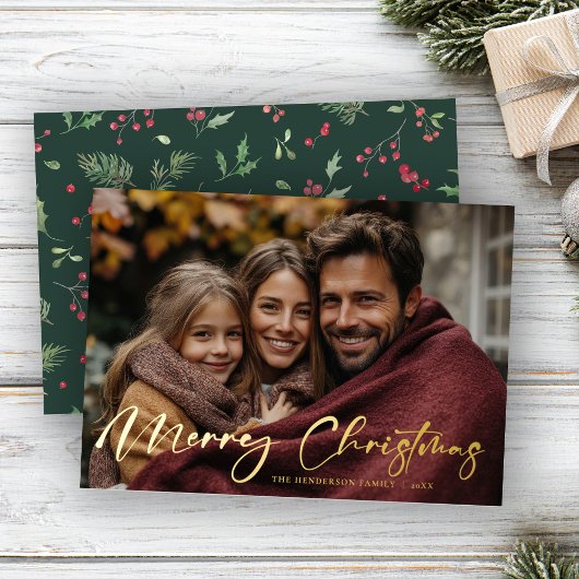 Merry Christmas Script Photo Foil Holiday Card Folie Feestdagenkaart