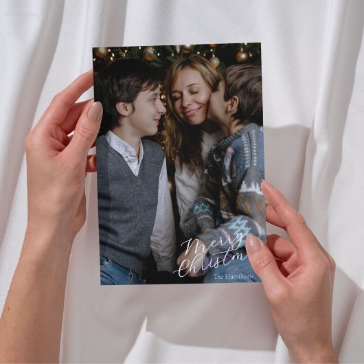 Merry Christmas Script Photo Navy Feestdagenkaart