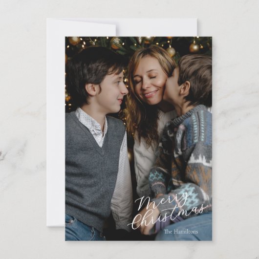 Merry Christmas Script Photo Navy Twinkle Feestdagenkaart (Voorkant)