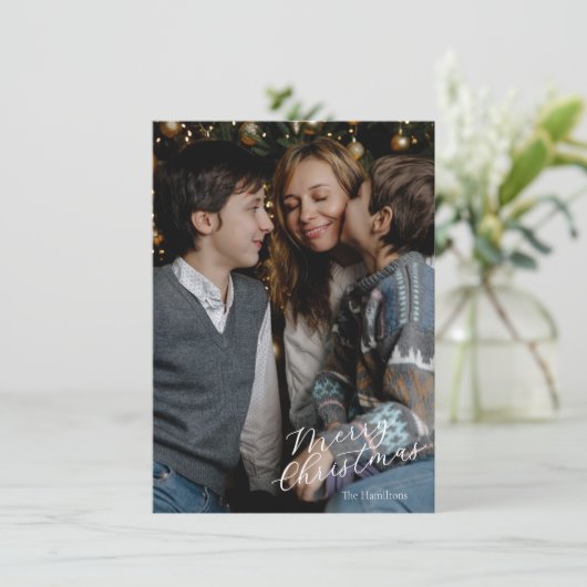 Merry Christmas Script Photo Navy Twinkle Feestdagenkaart (Staand voorkant)