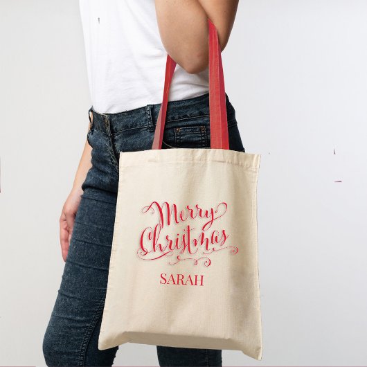 Merry Christmas Script Rode kalligrafie Aangepast Tote Bag