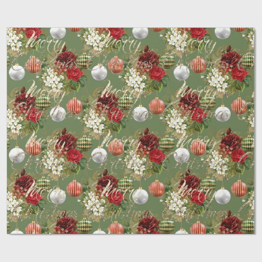 Merry Christmas Script Roos Gold Classic Rood Groe Cadeaupapier (Vlak)