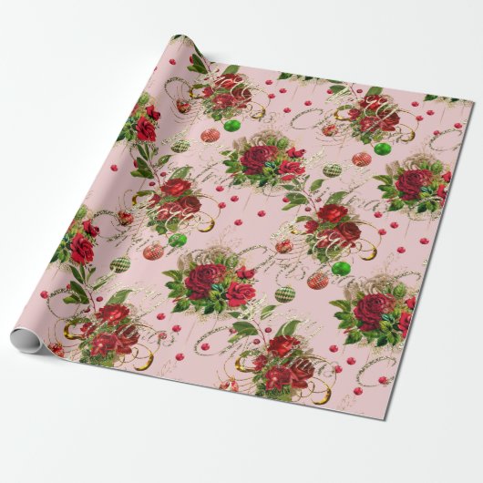 Merry Christmas Script Rozen Goud Roze Mint Groen Cadeaupapier (Uitgerold)