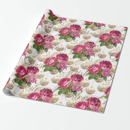 Merry Christmas Script Rozen Goud Roze Wit Groen Cadeaupapier (Uitgerold)