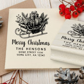 Merry Christmas Script Santa Sleigh Family Address Rubberstempel