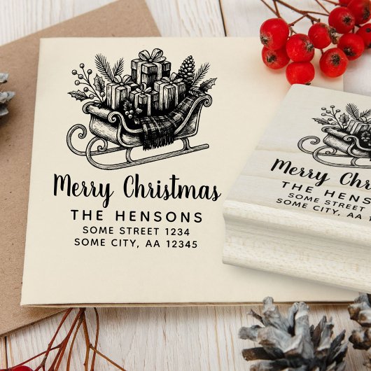 Merry Christmas Script Santa Sleigh Family Address Rubberstempel