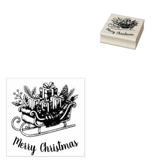 Merry Christmas Script Santa Sleigh Holiday Rubberstempel (Gestempeld)