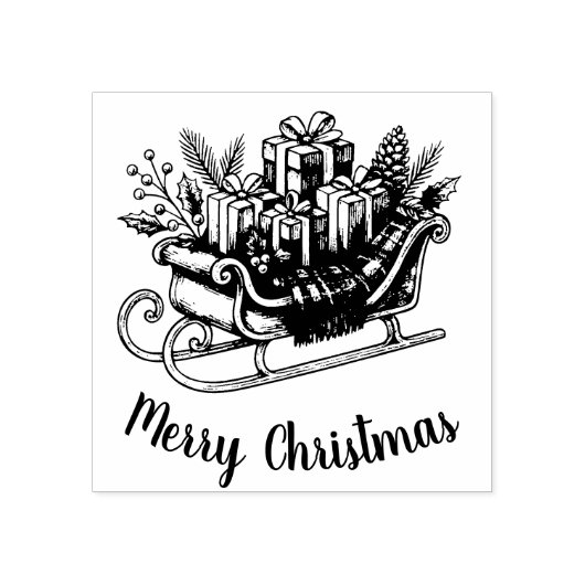 Merry Christmas Script Santa Sleigh Holiday Rubberstempel (Afrduk)
