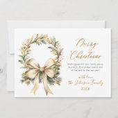 Merry Christmas Script Watercolor Gold Bow Wreath  Feestdagenkaart (Voorkant)