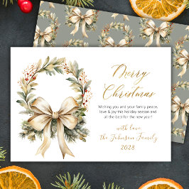 Merry Christmas Script Watercolor Gold Bow Wreath Feestdagenkaart