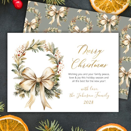 Merry Christmas Script Watercolor Gold Bow Wreath  Feestdagenkaart