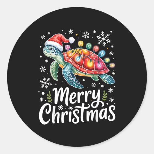 Merry Christmas Sea Turtle Christmas Lights Santa  Ronde Sticker (Voorkant)