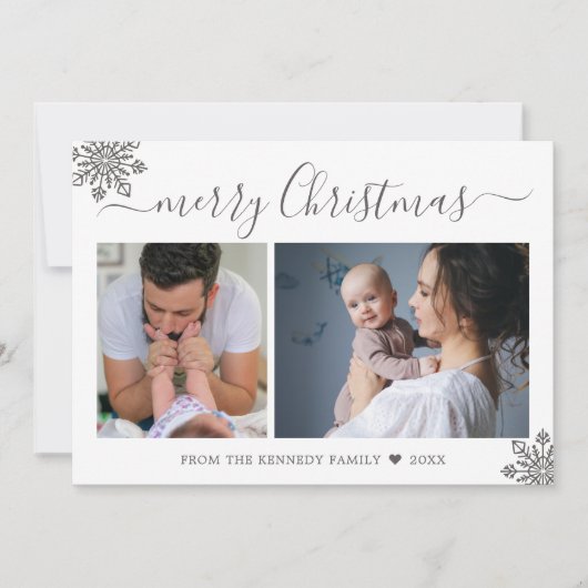 Merry Christmas Silver Snowflakes 2 Photo Collage Feestdagenkaart (Voorkant)