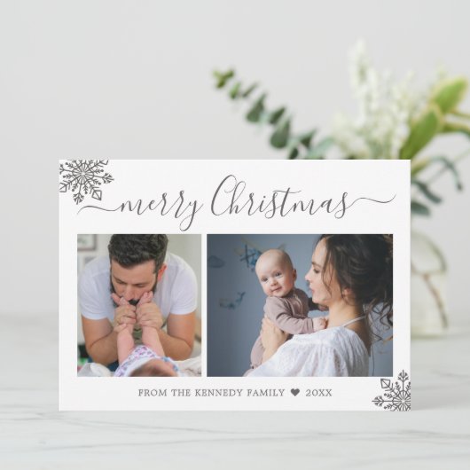 Merry Christmas Silver Snowflakes 2 Photo Collage Feestdagenkaart (Staand voorkant)
